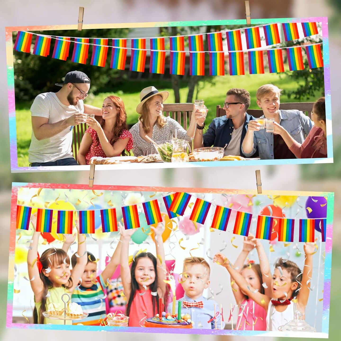 64 Pcs Pride Rainbow Gay Flag Banners 66 ft LGBTQ Banner Bunting Rainbow String Flags Pride Decoration