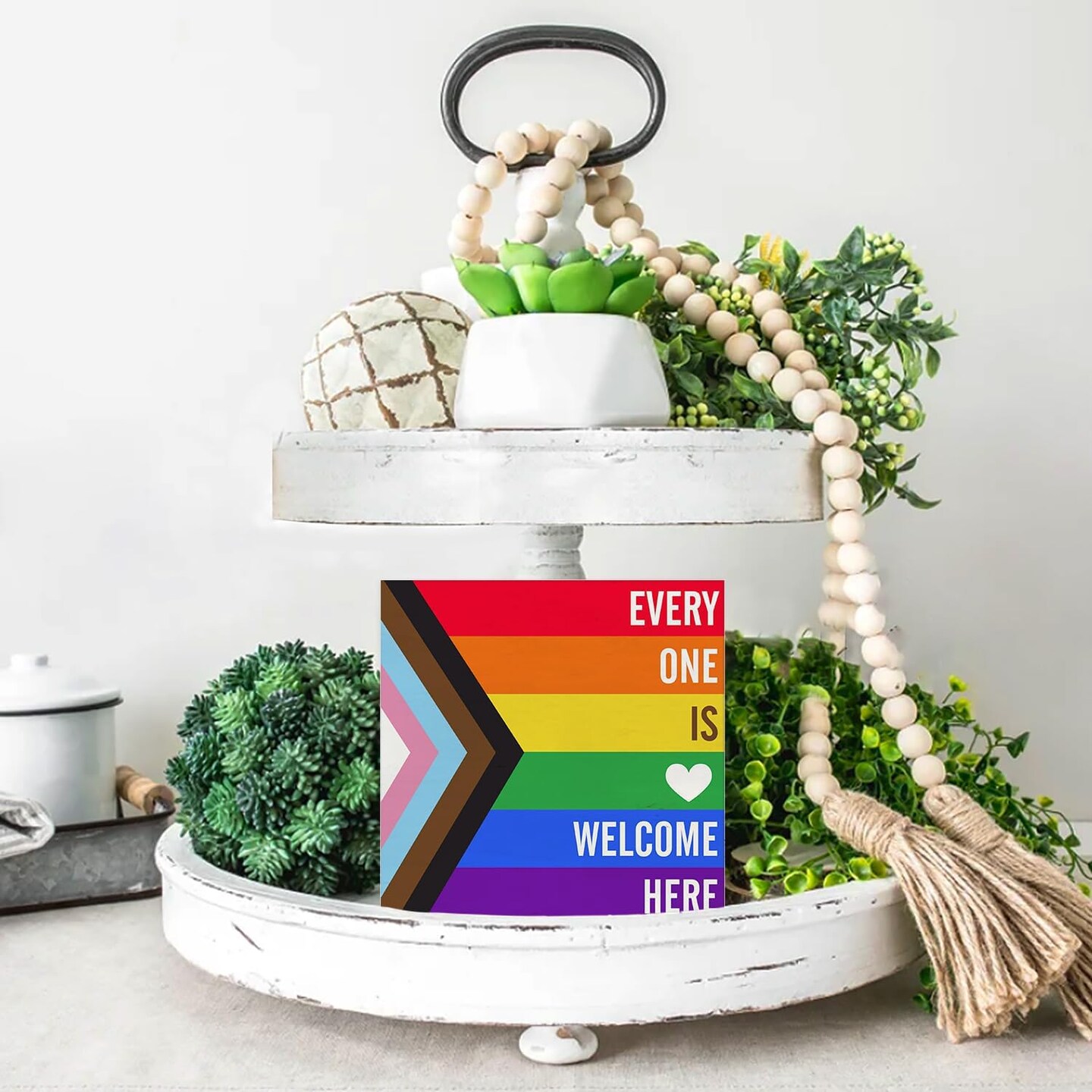 Rainbow Everyone is Welcome Here Wooden Box Sign Desk Decor LGBTQ Gay Pride Flag Wood Block Plaque Box Signs Gift for Home School Shelf Table Decoration (5 X 5 Inch)