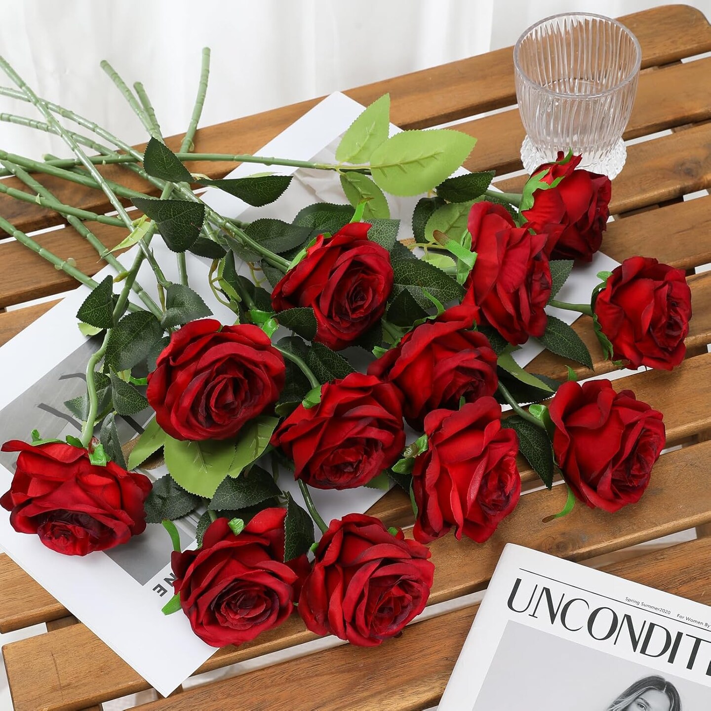 12 pcs Realistic Long Stem Fake Roses Faux Silk Flowers for DIY Bouquets