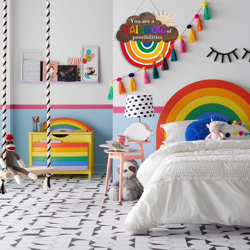 Rainbow Wooden Sign (12.2x11.5 inch), You Are A Rainbow Of Possibilities Inspirational Quote Hanger Sign, Colorful Rainbow Decorative Hanging Sign for Nursery Playroom Classroom School Decor