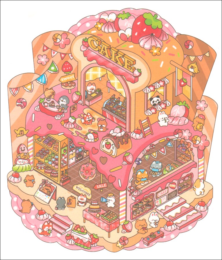 Pink Pastry Shop Isometric Sticker Scene, DIY 3D Landscape, Adorabilities