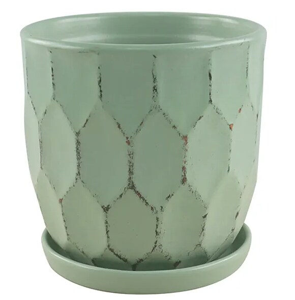 Distressed Honeycomb Pot with Attached Saucer - 5.5" x 5.5" - Sage