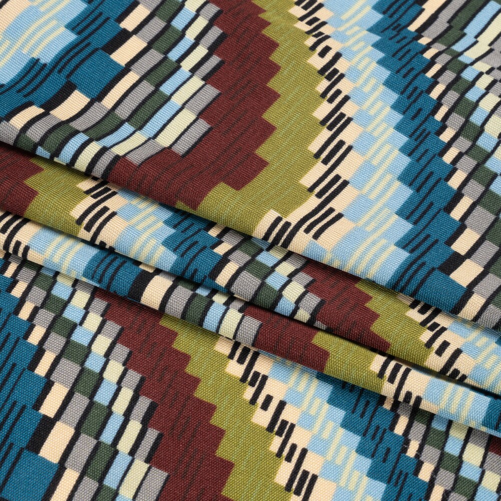 1 Yard Blue, Olive and Russet Making Waves Silk Jersey 45" Wide, Geometric & Striped Fabric for Dresses, Skirts, Tops