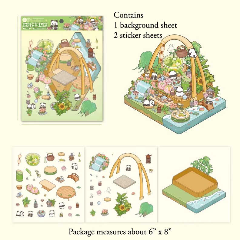 Pandas and Orange Tea Isometric Stickers, 3D Landscape Activity, Adorabilities