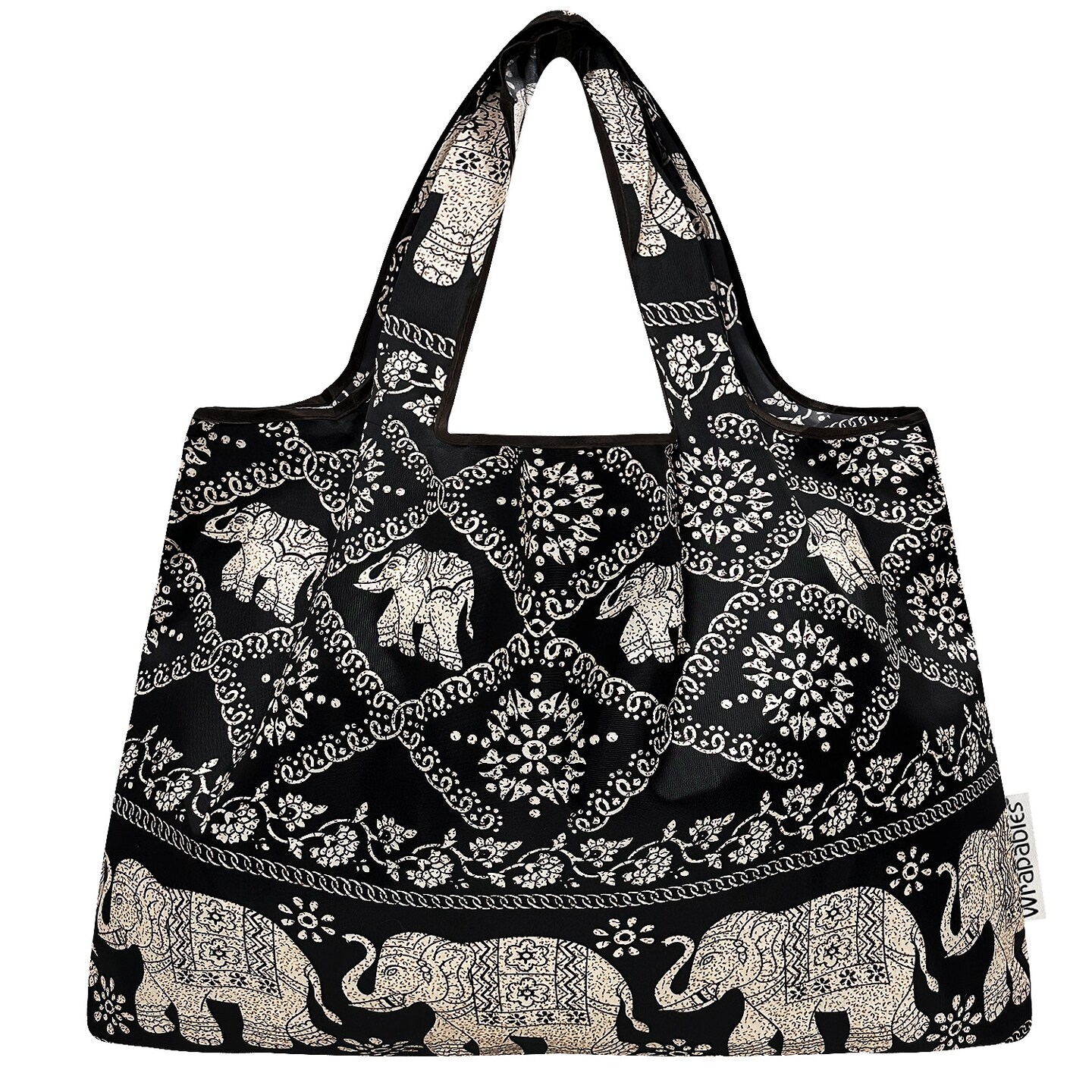 Wrapables Large Foldable Tote Nylon Reusable Grocery Bags, Black Regal Elephants