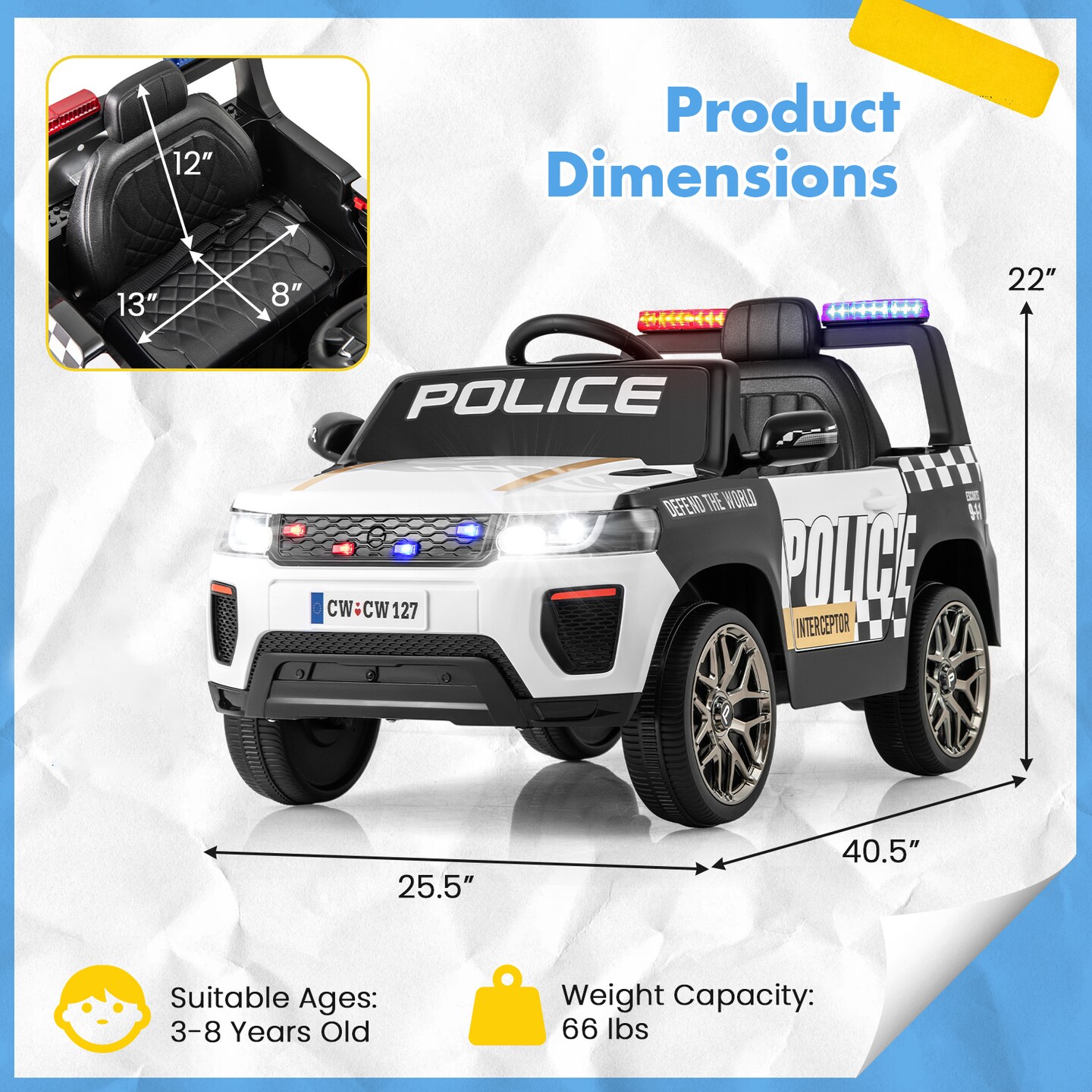 12V Electric Kids Ride-On Police Car with Remote, Siren, and Flashing Lights