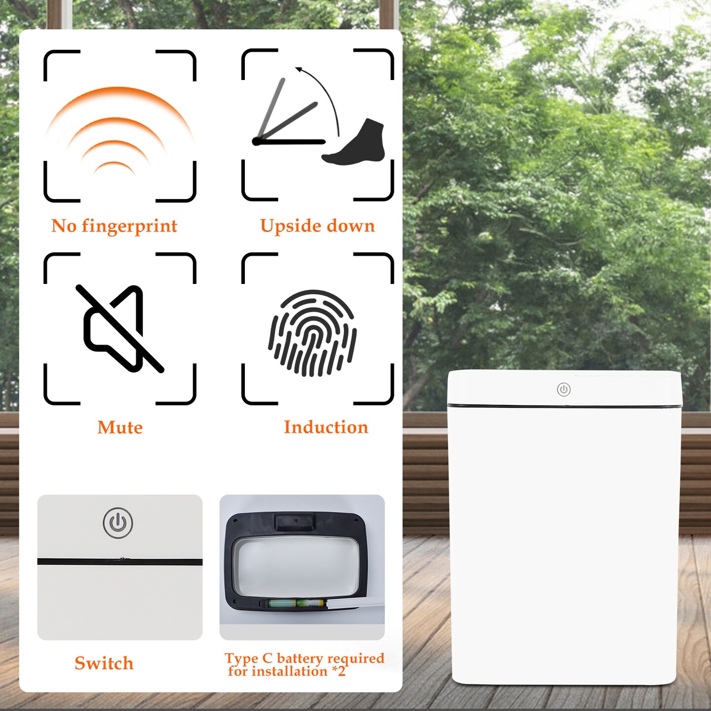 Intelligent Three-mode 15L/3.96gal Induction Garbage Can Perfect for Bedroom, Bathroom, Office