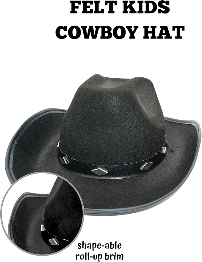 4E's Novelty 2 Pack Black Cowboy Hat Party Pack (Kid Size) - Felt Cowgirl Hats for Girls, Boys, Teens