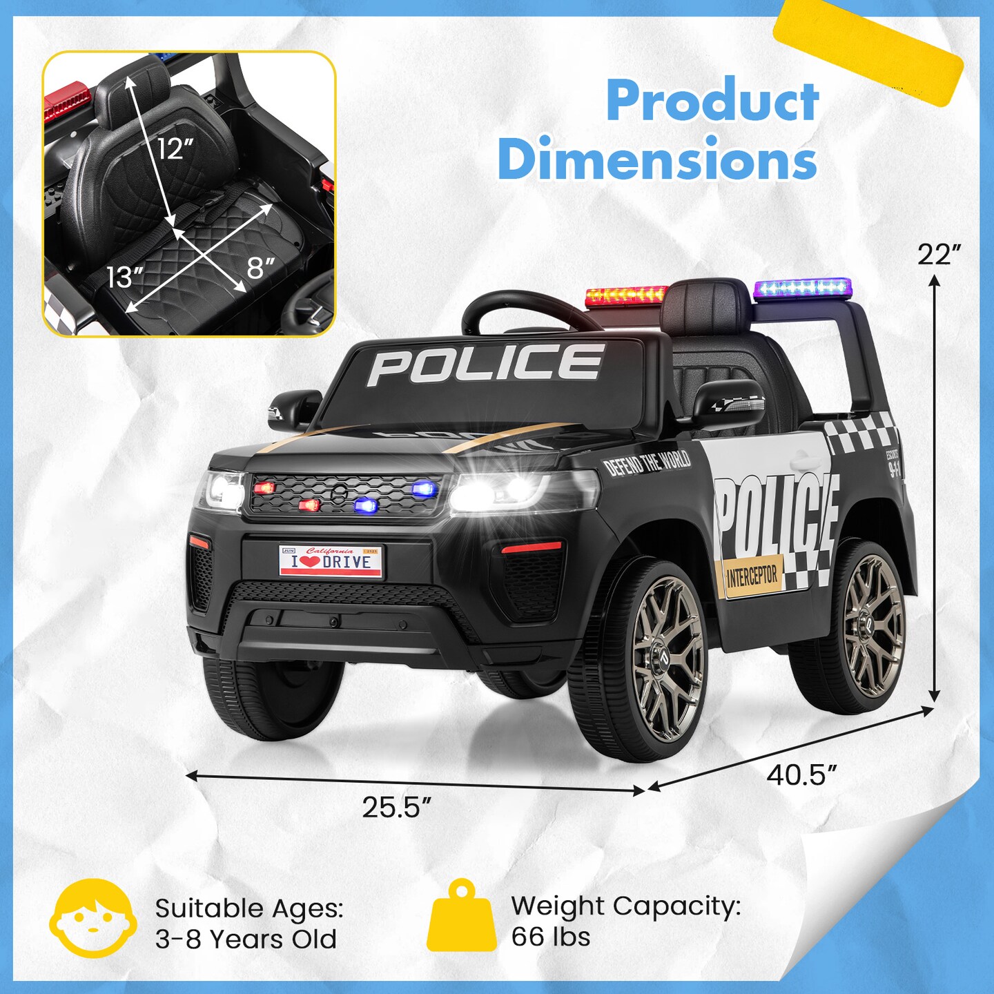 12V Electric Kids Ride-On Police Car with Remote, Siren, and Flashing Lights