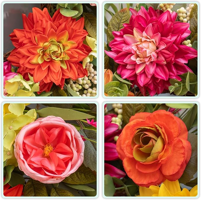 24-Inch Artificial Peony Dahlia Rose Spring & Summer Wreath