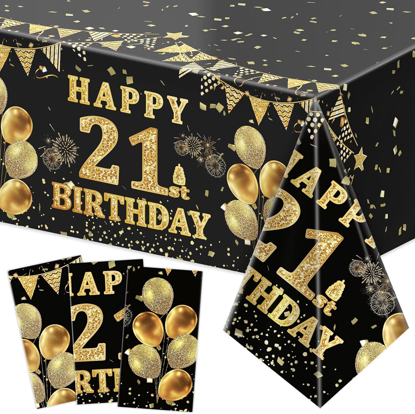 3 Pack Black and Gold 21st Birthday Tablecloth 54x108 Inch