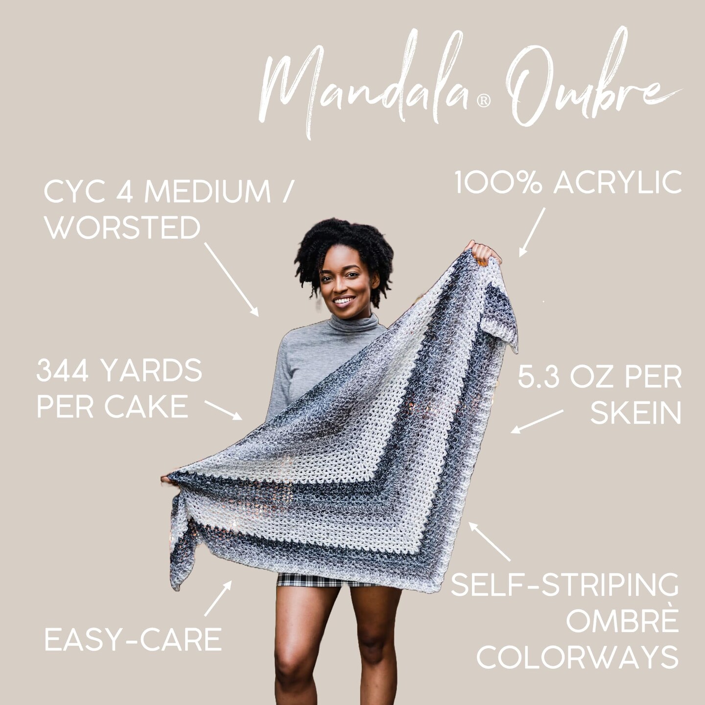 Lion Brand Yarn, Mandala Ombré Variegated Yarn for Crocheting, Knitting, and Crafts, Balance, 1 Pack, Soft, Acrylic Fiber for Cozy Blankets, Worsted Weight Sweaters and Colorful Shawls