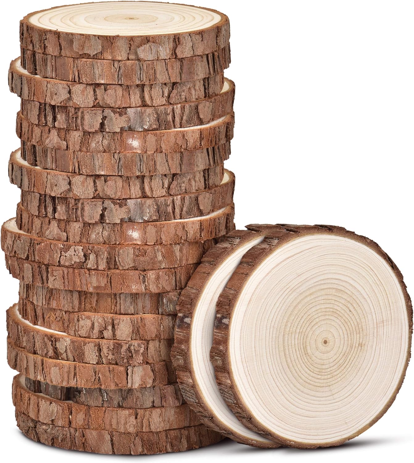 Unfinished Natural Wood Slices with Bark - 20 Pcs 3.5-4 inch Wood Craft kit, DIY Kids Arts and Crafts Coasters Ornaments Rustic Wedding Decorations