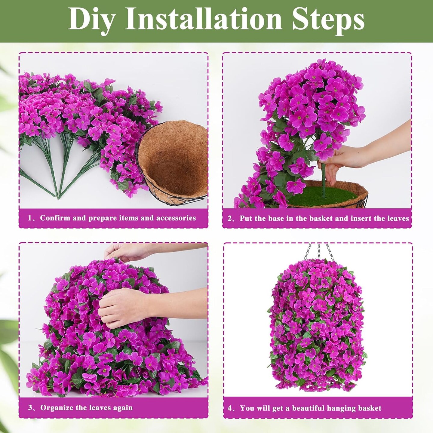 Artificial Hanging Flowers for Outdoors, Fake Hanging Plants with Baskets, Silk Faux Flowers UV Resistant