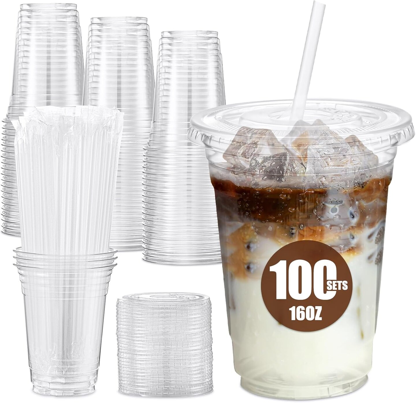 Plastic Iced Coffee Cups with Lids and Straws [100 Sets - 16oz] Disposable Clear Crystal Plastic Cups with Lids BPA Free Small To Go Cold Cup for Cold Drinks, Milkshake, Juice