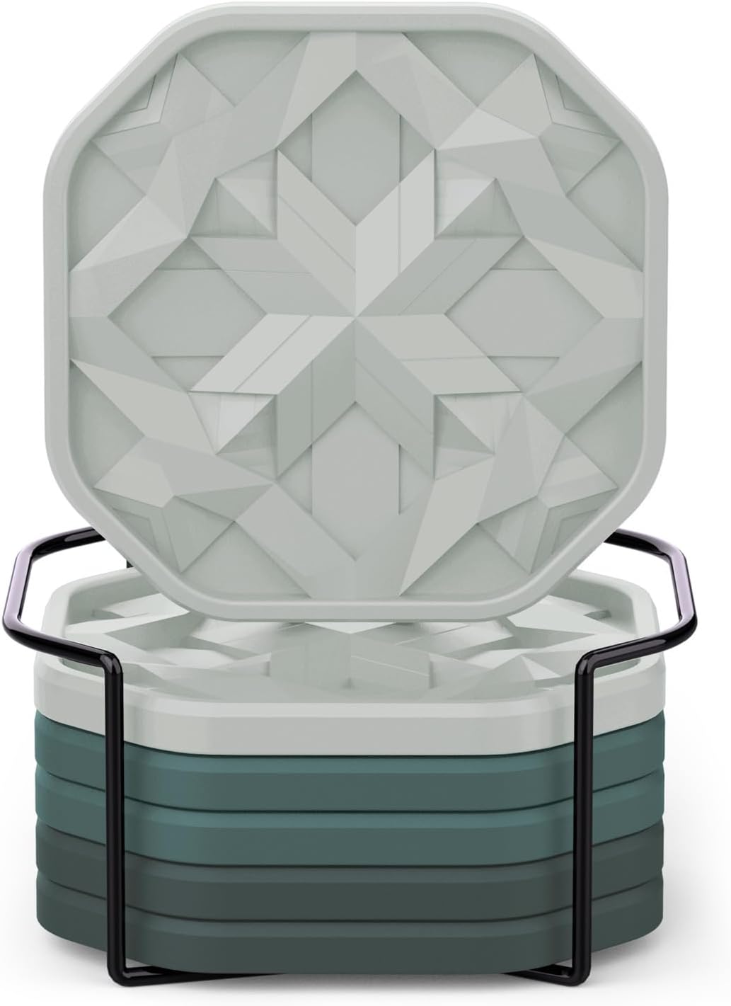 Silicone Cup Coasters for Drinks with Tailored Holder, Coffee Table Centerpiece, Modern Home Bar or Aesthetic Kitchen Essentials, House Decor Gifts, Set of 6, Posy Green