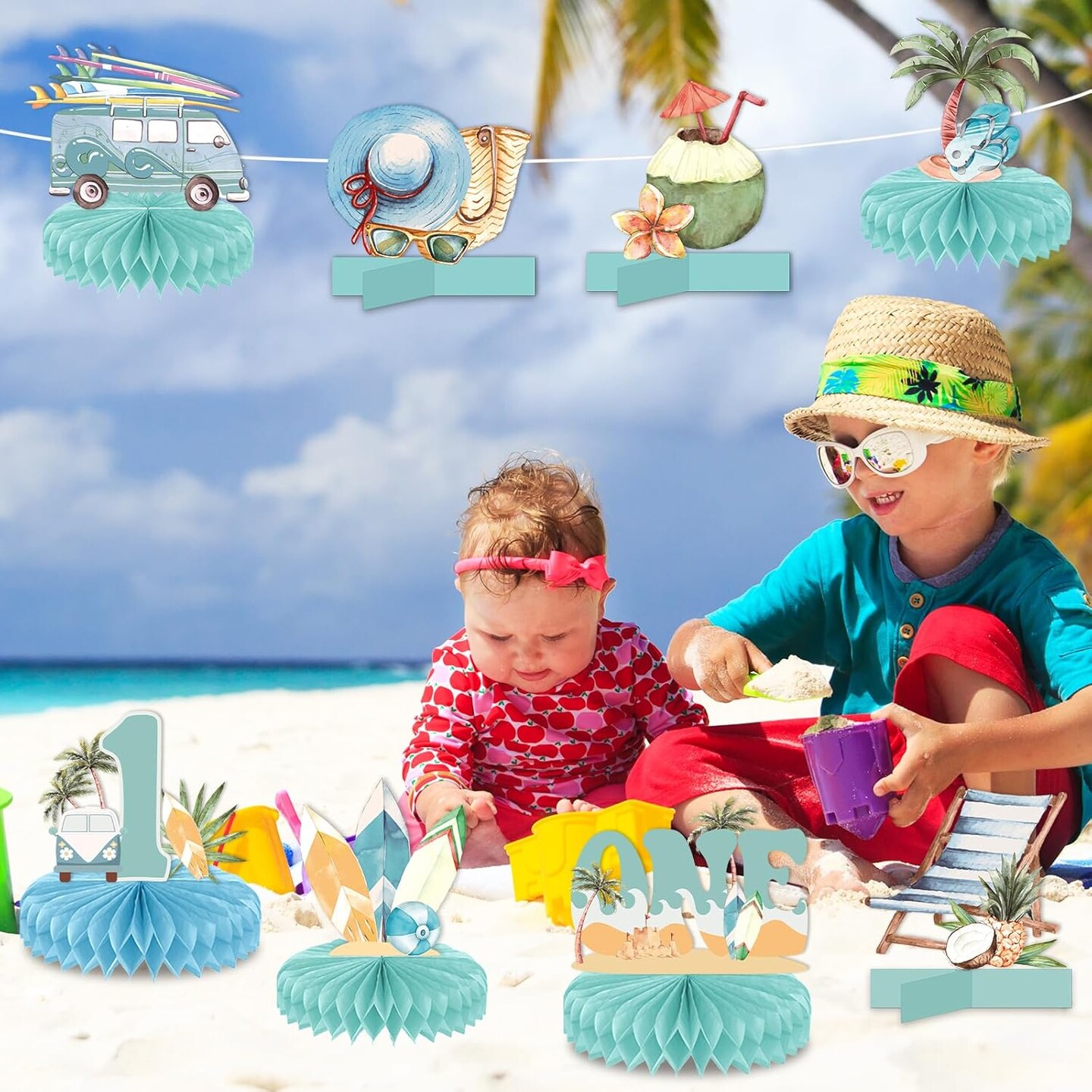 10Pcs The Big One Honeycomb Centerpieces for Summer Beach 1st Birthday Party Decoration Surfing Beach 1 Year Old Birthday Table Centerpieces Supplies for Baby Kid Birthday Table Topper Decor