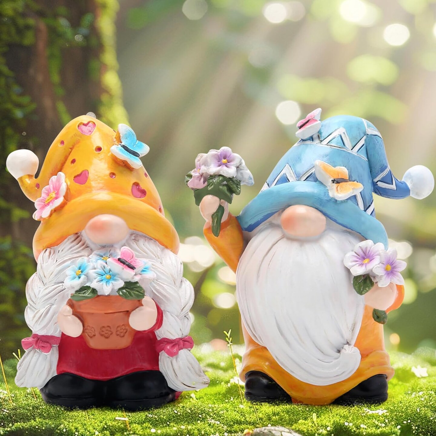 2PCS Gnomes Decorations Flower Ornaments Decor Gifts Summer Figurines Couple Gnomes for Outdoor Garden Decor Birthday Gifts for Mom, Grandma, Women