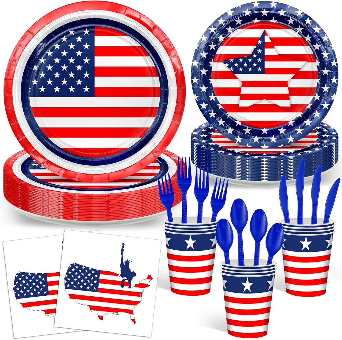 168 PCS American Flag Patriotic Party Supplies Plates Cups Napkins Tableware Set for 4th of July, Memorial Day, Independence Day Party Decorations, Serves 24