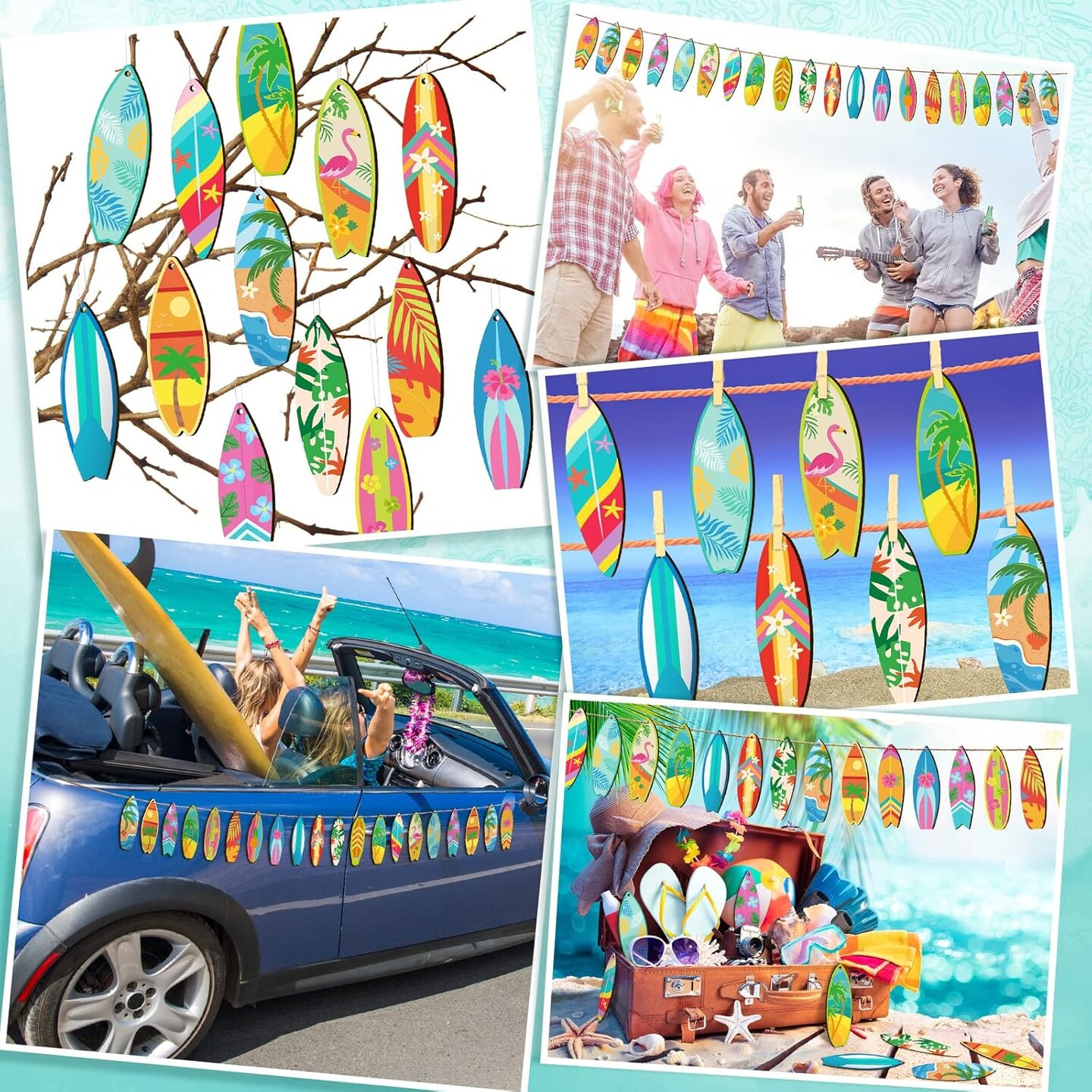 36 Pcs Summer Wood Hanging Ornaments for Tree Summer Tree Decorations Hawaiian Beach Wooden Pendant Decorations with String for Luau Party Supplies(Surfboard)