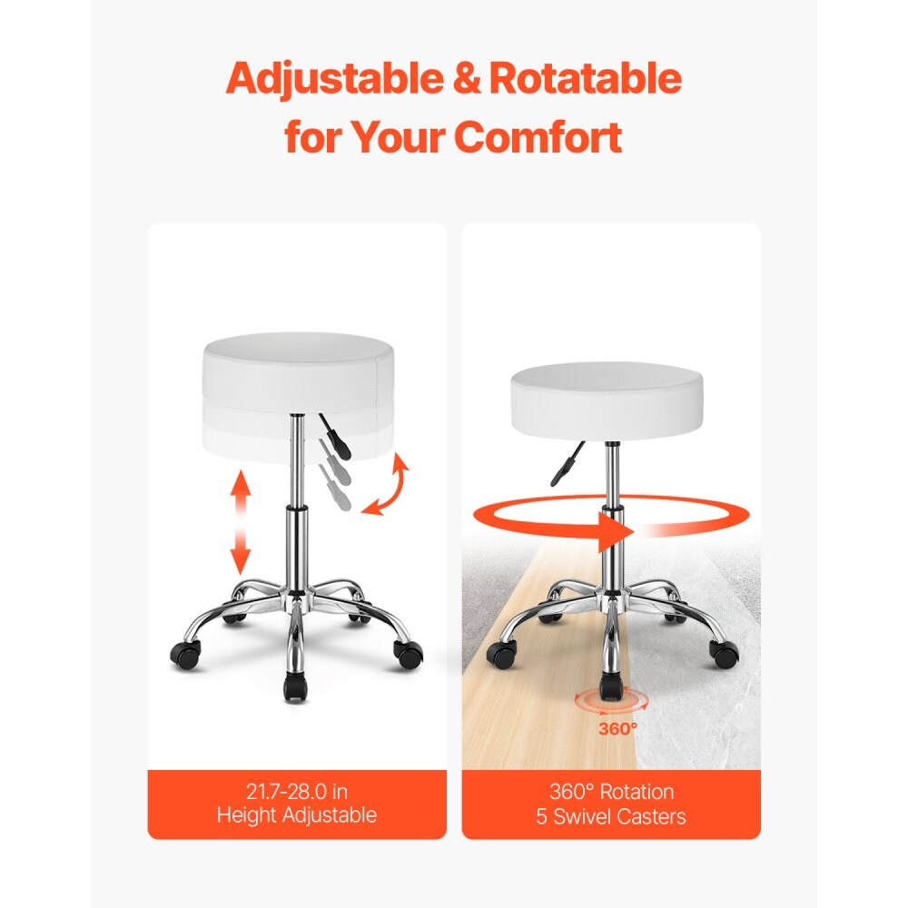 White Adjustable Height Ergonomic Rolling Stool with Faux Leather Seat and Silent PU Wheels