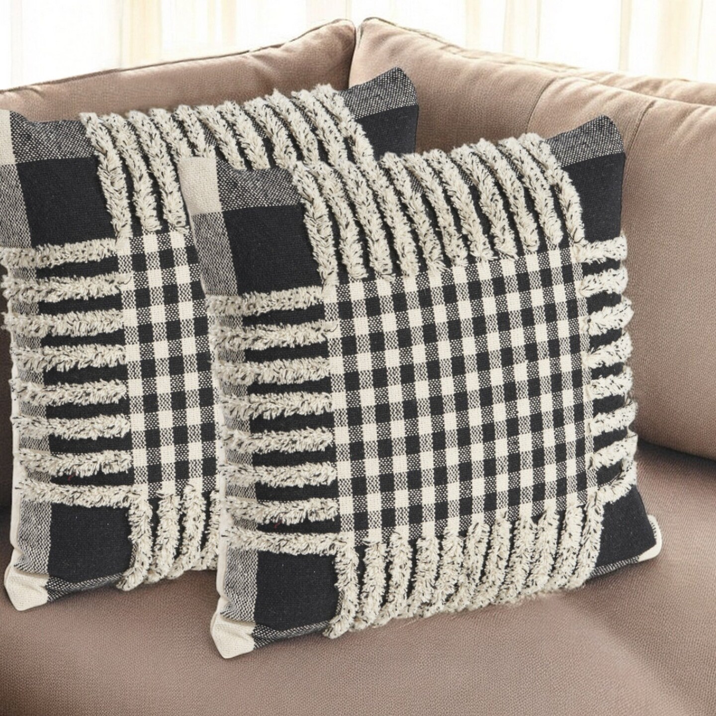 Edge Collections - 18-inch H x 18-inch W x 4-inch D - Black - Decorative Plaid Throw Pillows with Fringe - 2 Pieces
