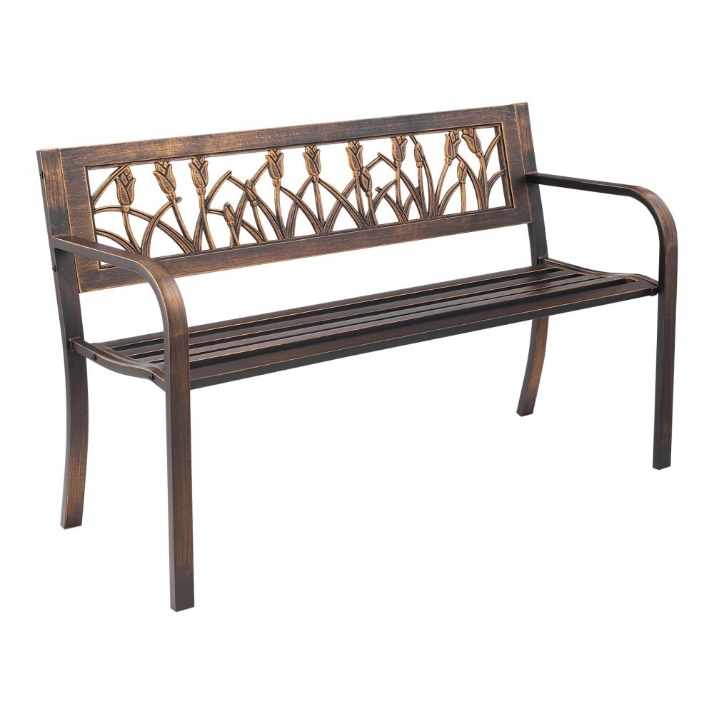 Antique Bronze Outdoor Patio Bench with Steel Frame and Floral PVC Backrest