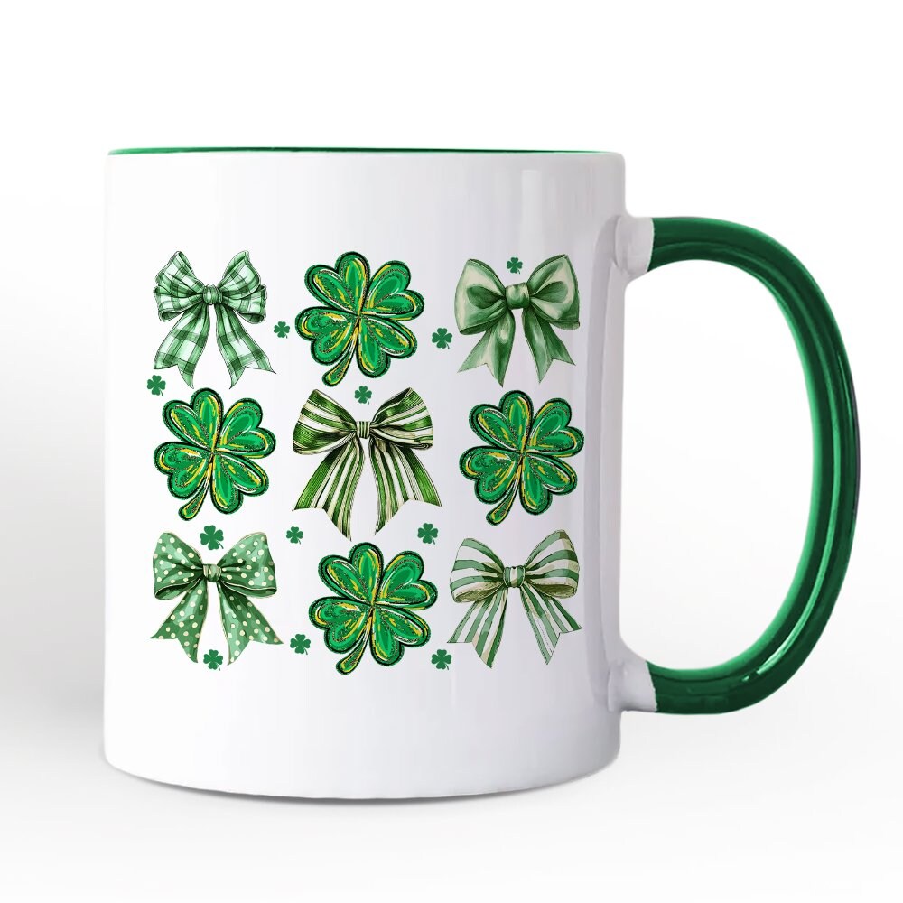 Coquette Clover Bows St Patrick’s Day Mug, Green Irish Lucky Shamrock Gift