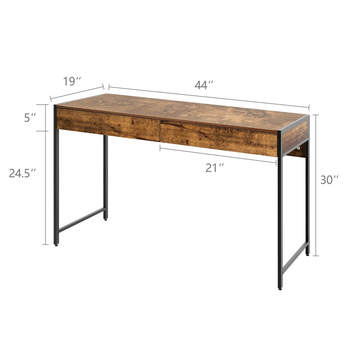 Computer Desk Rustic Brown with 2 Drawers and Steel Frame for Home Office