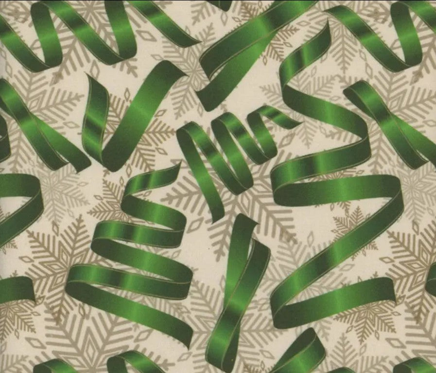 Mook Fabrics Christmas Green Ribbons Silver Snowflakes 100% Cotton Fabric By the yard
