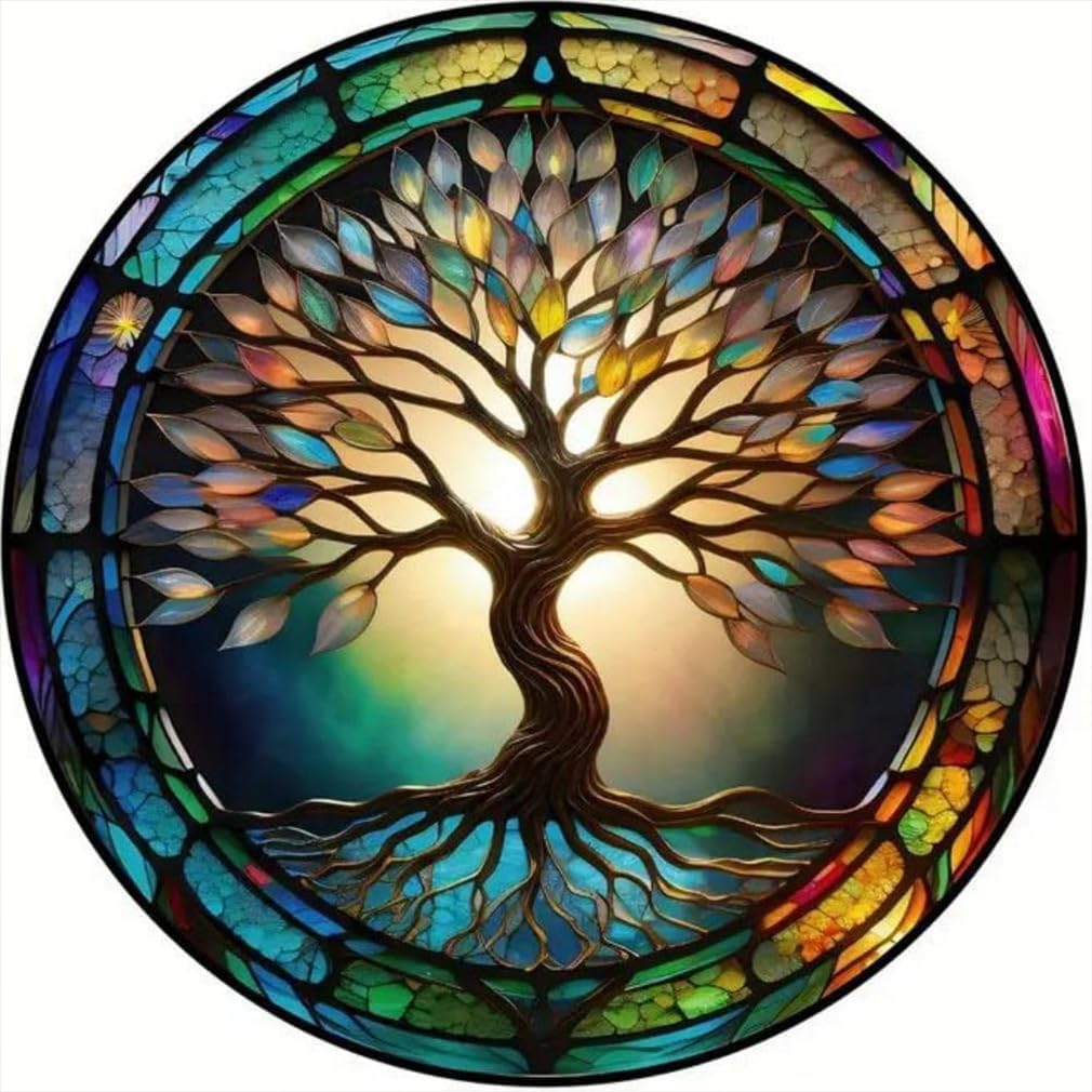 5D Tree of Life Diamond Painting Kits for Adults – DIY Stained Glass Style Full Round Drill Diamond Art Painting, Crystal Rhinestone Craft Kit for Beginners Home Wall Decor 12x12 Inch