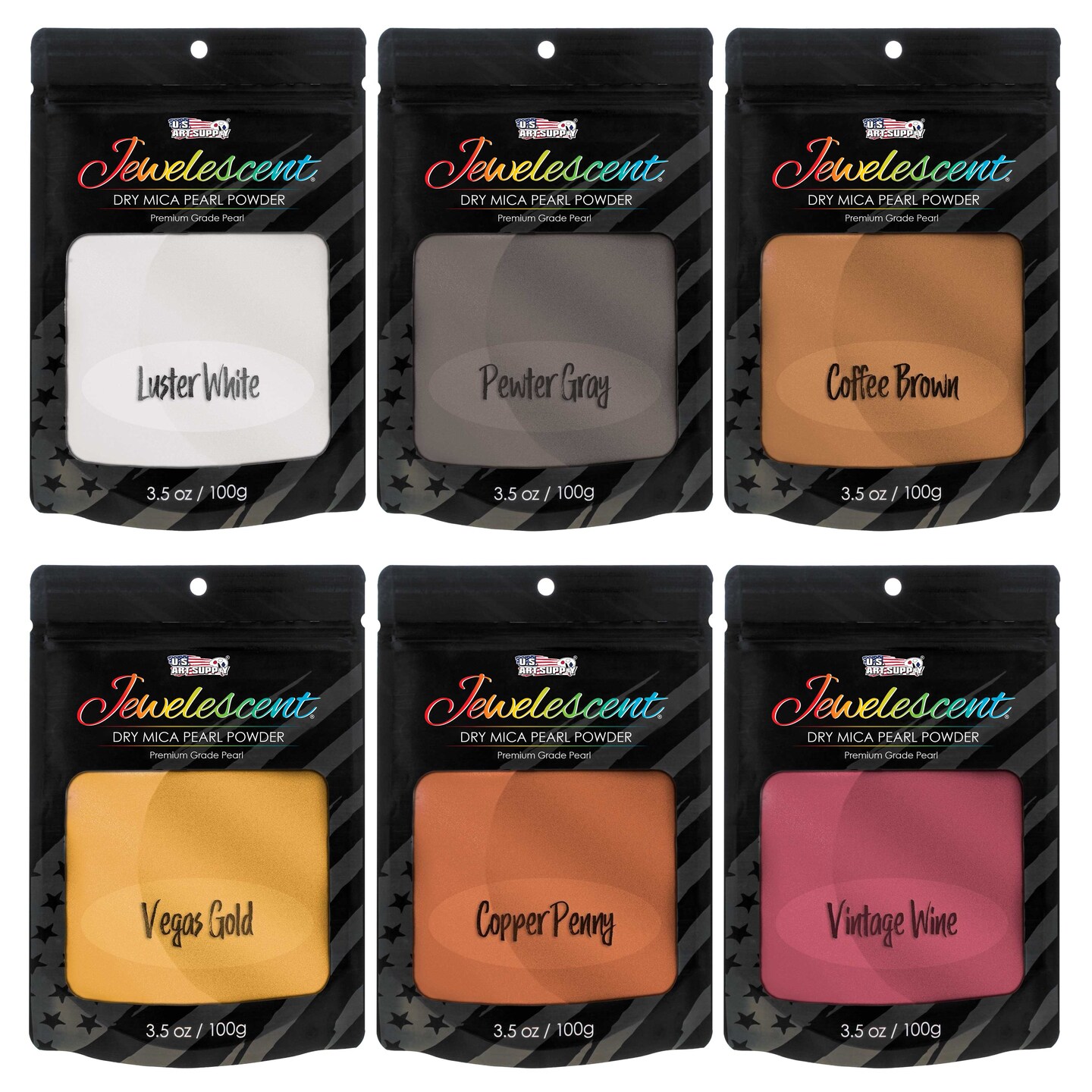 Jewelescent Mica Pearl Pigment Powder Kit, 6 Metal Tones Colors, 3.5 oz (100g) Pouches - Cosmetic Grade, Epoxy Resin Color Pigment, Mica Powder for Resin, Soap, Slime, Candle Dye, Art