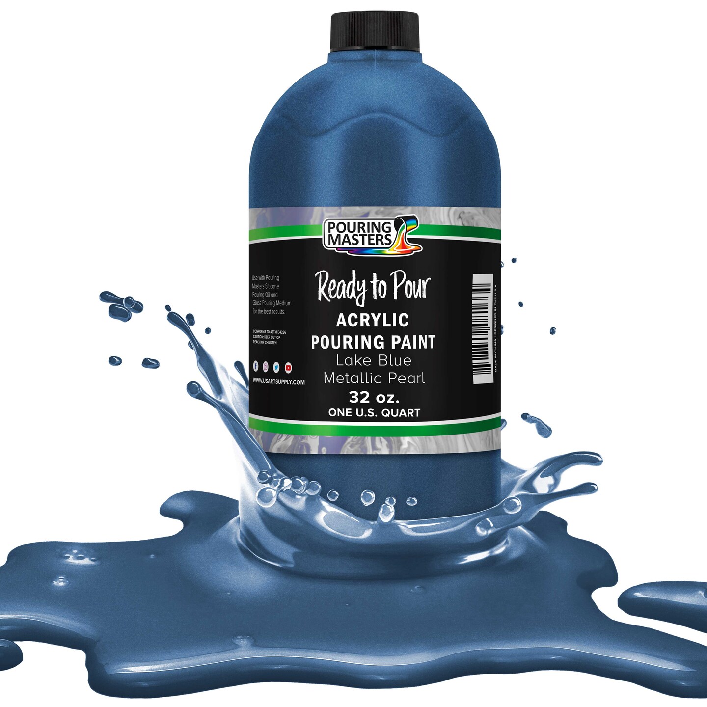 Pouring Masters Lake Blue Metallic Pearl Ready to Pour Acrylic Pouring Paint - Premium 32-Ounce Pre-Mixed Fluid Acrylic Paint - Fluid Art Supplies for Canvas, Wood, Paper, Tile & Rocks