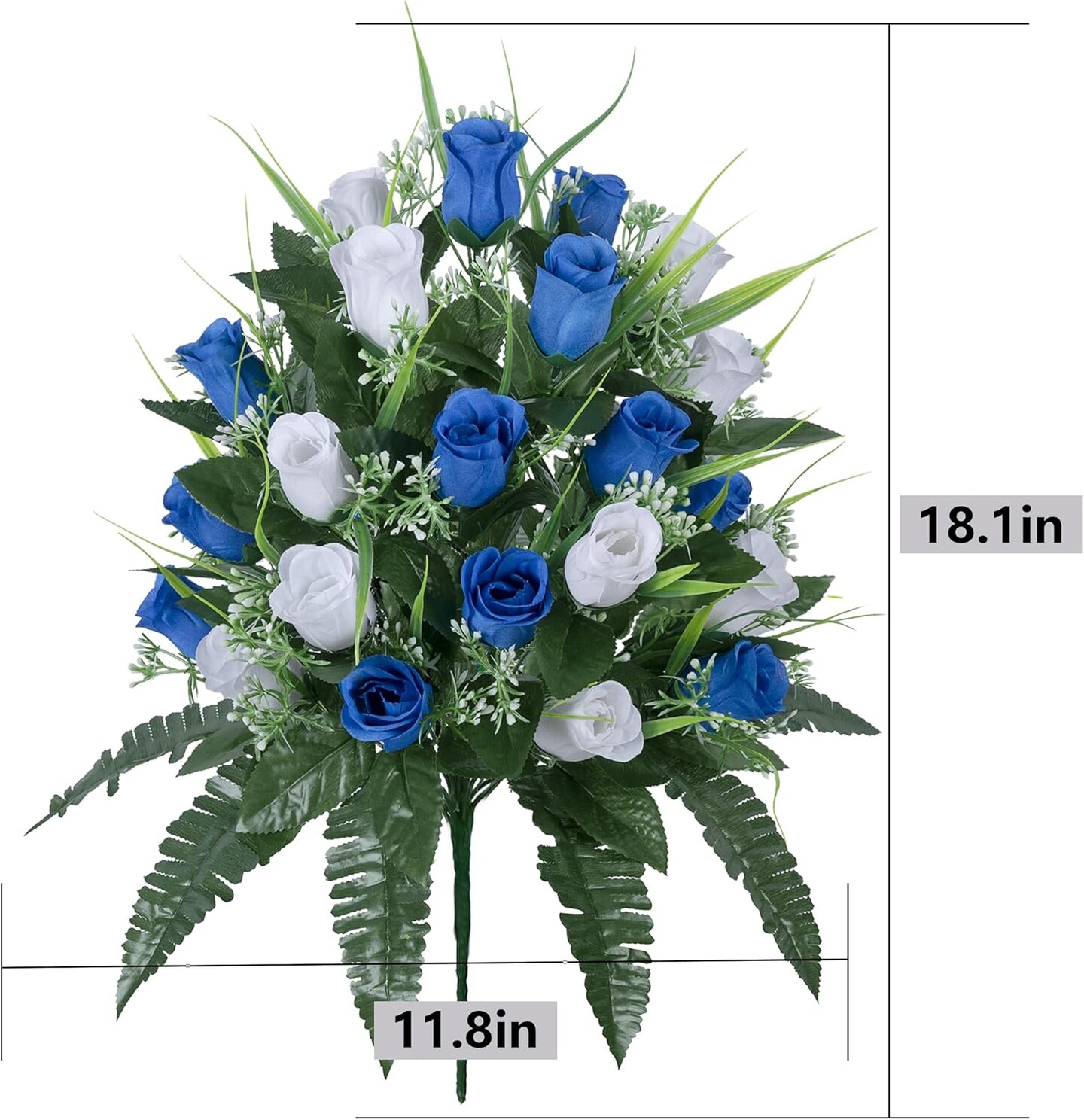 Artificial Cemetery & Memorial Flowers with Vase – White & Dark Blue Rose Gravesite Bouquet, Outdoor All-Weather Grave Decoration, Long-Lasting Non-Bleeding Colors (2 Sets)