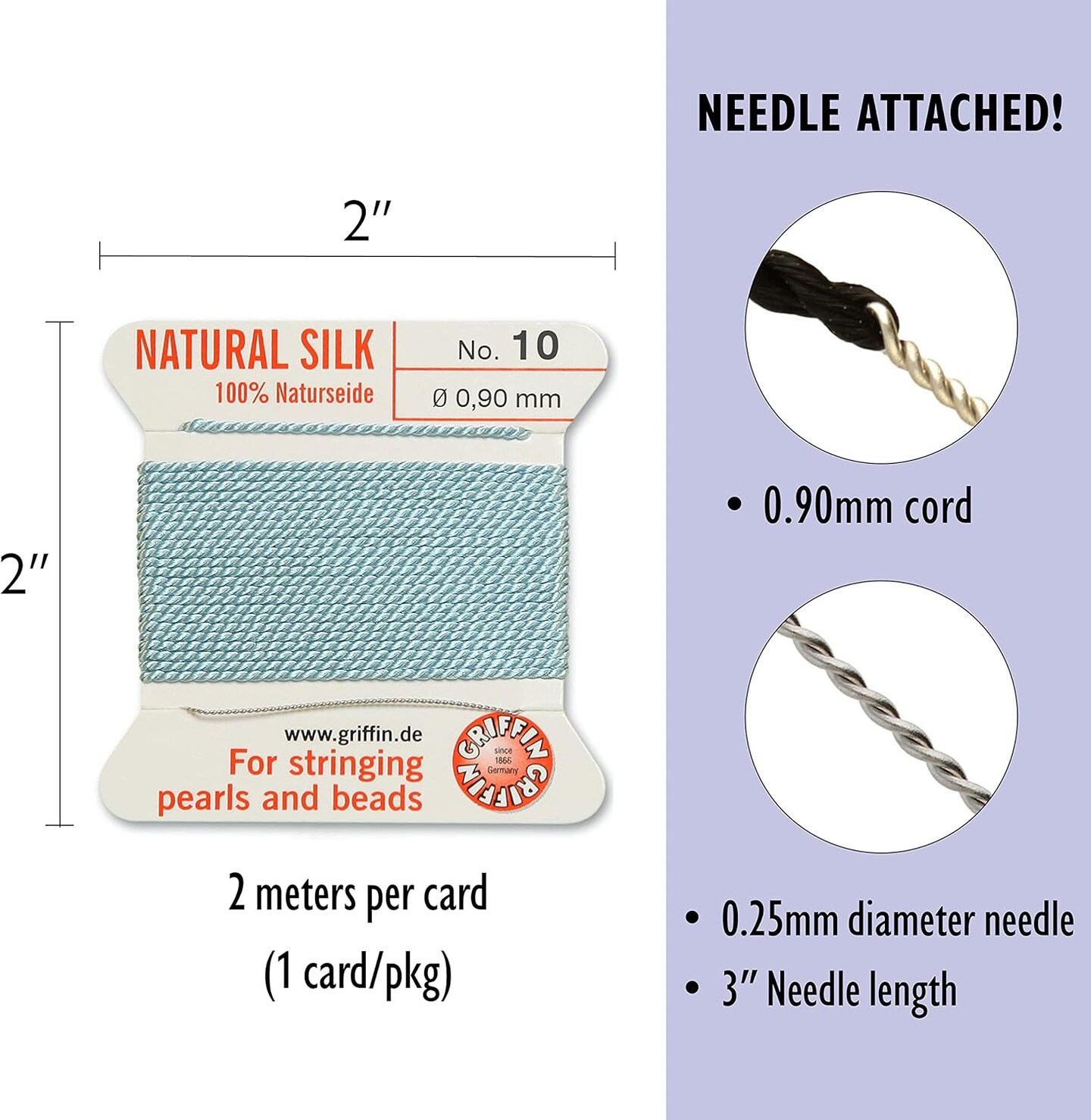 Griffin Silk Bead Cord Perlseide – Size 10 (0.90mm) – 2 Meters per Card – Stainless Steel Needle Attached – for Knotting Pearls, Gemstones, Crystals and Beads