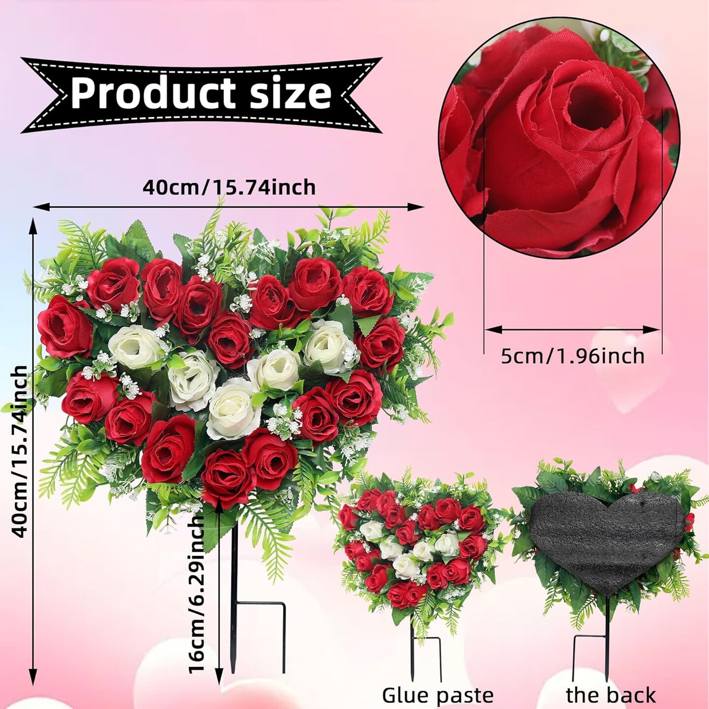 Artificial Cemetery & Memorial Flowers – Red Silk Rose Heart-Shaped Wreaths with Ground Spike, Grave Memorial Decoration for Headstones and Gravesites (2 Sets)
