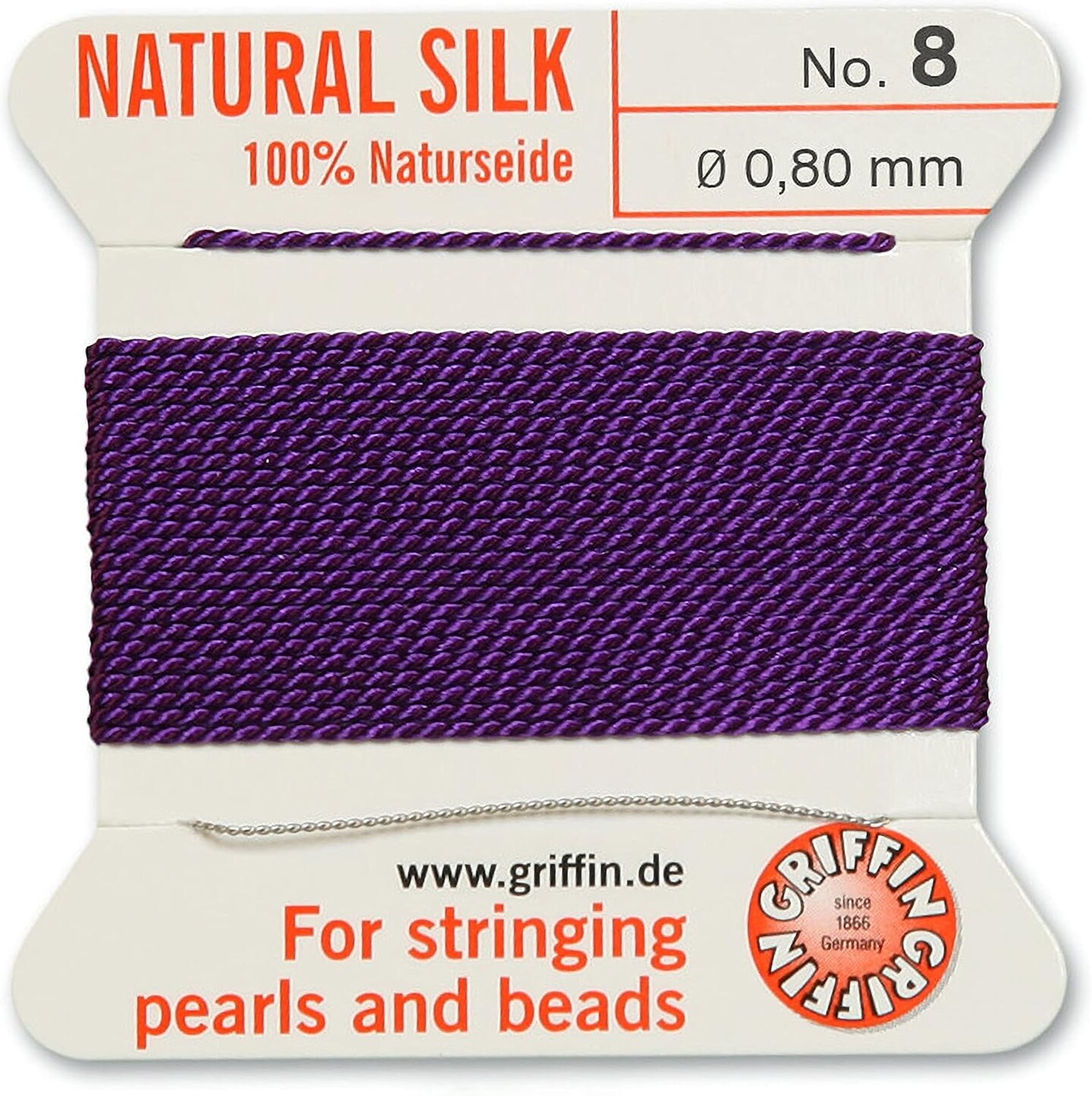 Griffin Silk Bead Cord Perlseide – Size 8 (0.80mm) – 2 Meters per Card – Stainless Steel Needle Attached – for Knotting Pearls, Gemstones, Crystals and Beads