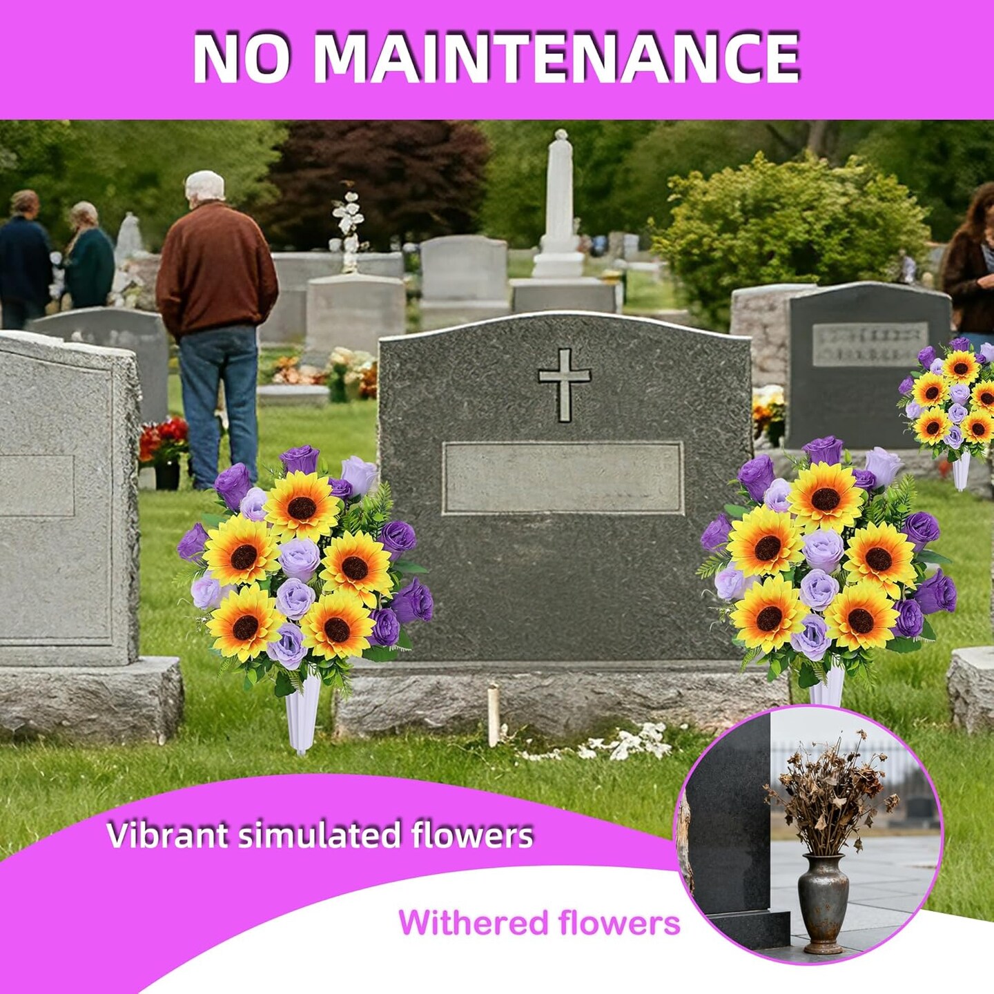 Artificial Cemetery Flowers for Grave – Set of 2 Rose & Sunflower Bouquets with Vase for Outdoor Grave and Headstone Memorial Decorations (Purple)