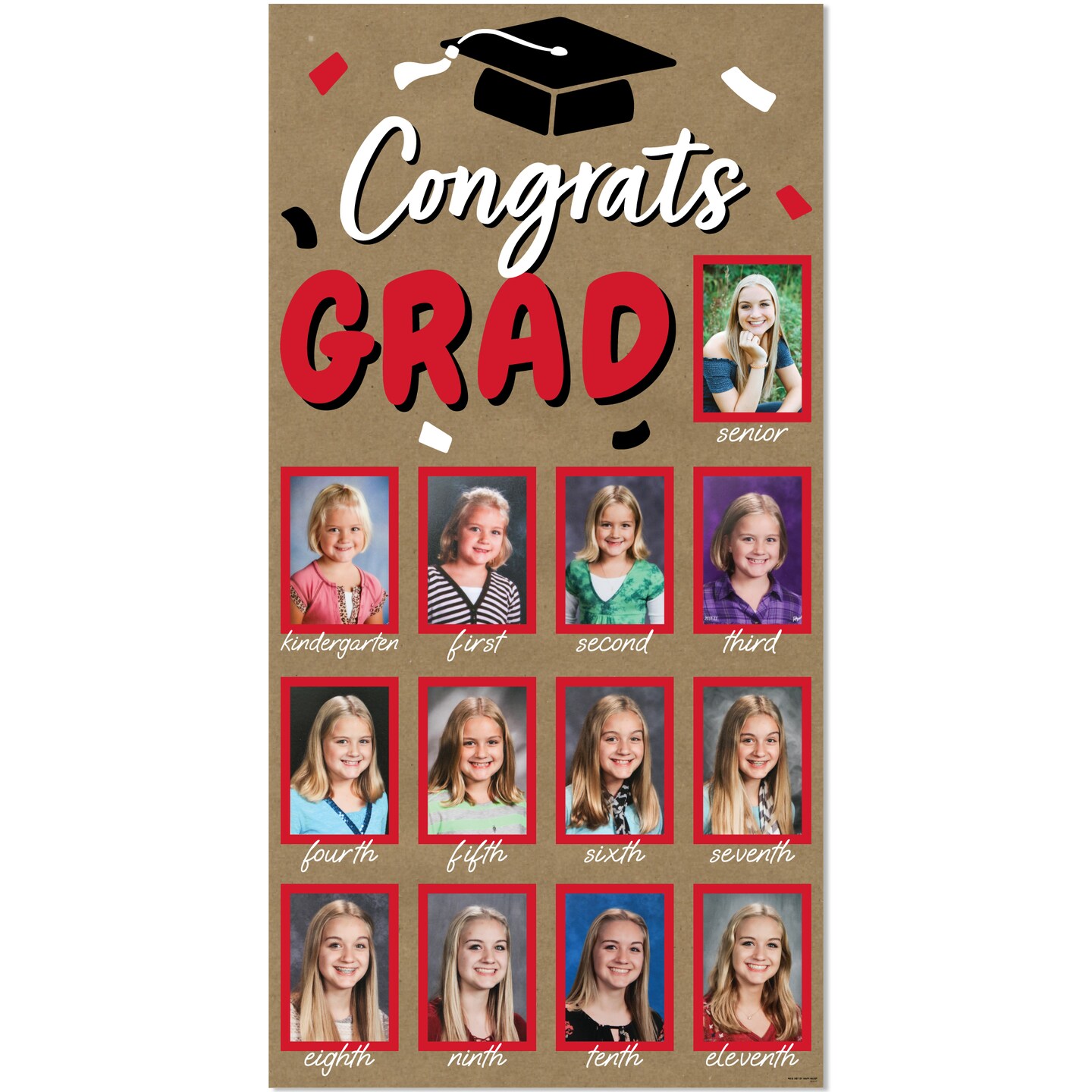 Big Dot of Happiness Red Grad Kraft Photo Banner, Brown Paper K-12 Timeline Display for 4x6 Pictures, High School Graduation, Memory Banner - 1 Ct