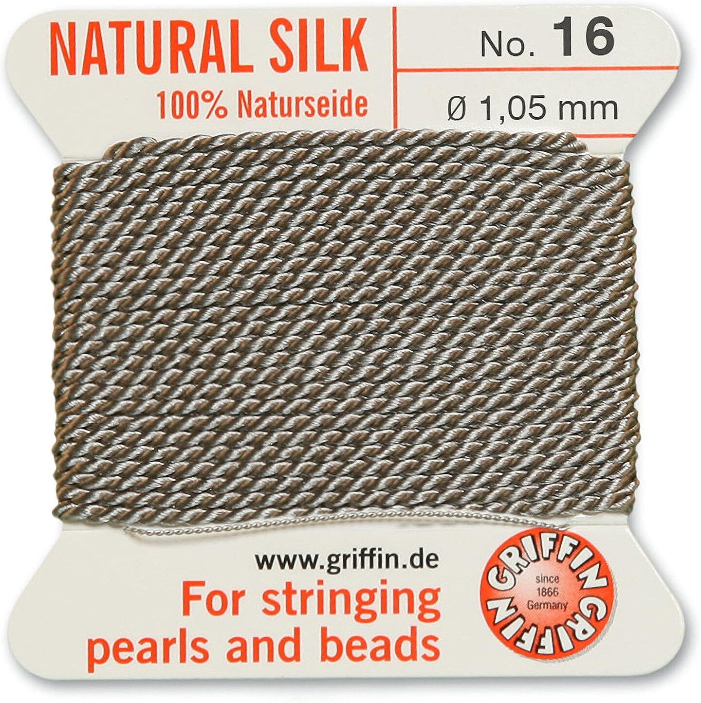 Griffin Silk Bead Cord Perlseide – Size 10 (0.90mm) – 2 Meters per Card – Stainless Steel Needle Attached – for Knotting Pearls, Gemstones, Crystals and Beads