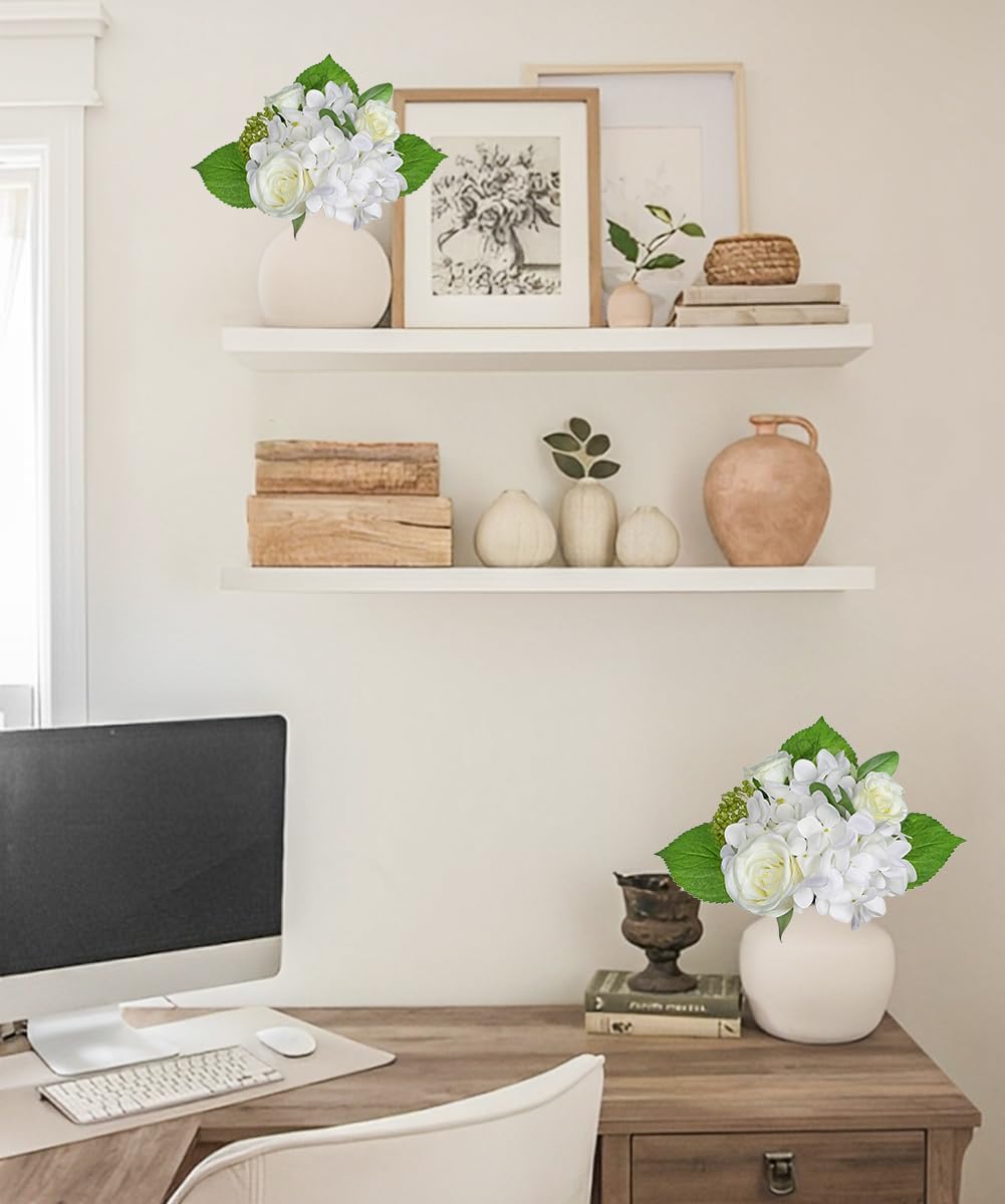 2-Pack Artificial Cemetery Grave Flower Bouquets – Hydrangea & Rose Silk Floral Arrangements for Cemetery, Memorials, Weddings, Home & Office Decor, White