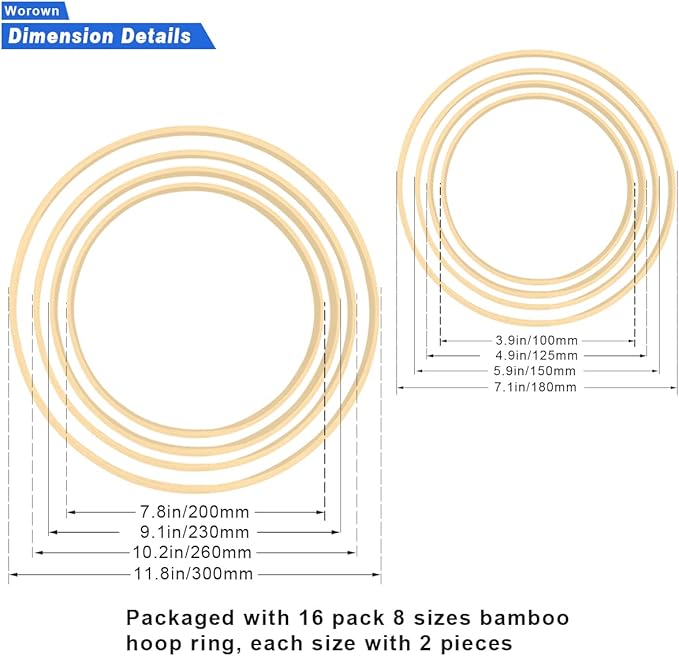 16 Pack Bamboo Floral Hoops, Multi-Size Wooden Wreath Rings for Making Wedding Decor and Wall Hanging Crafts (4, 5, 6, 7, 8, 9, 10 & 12 Inch)