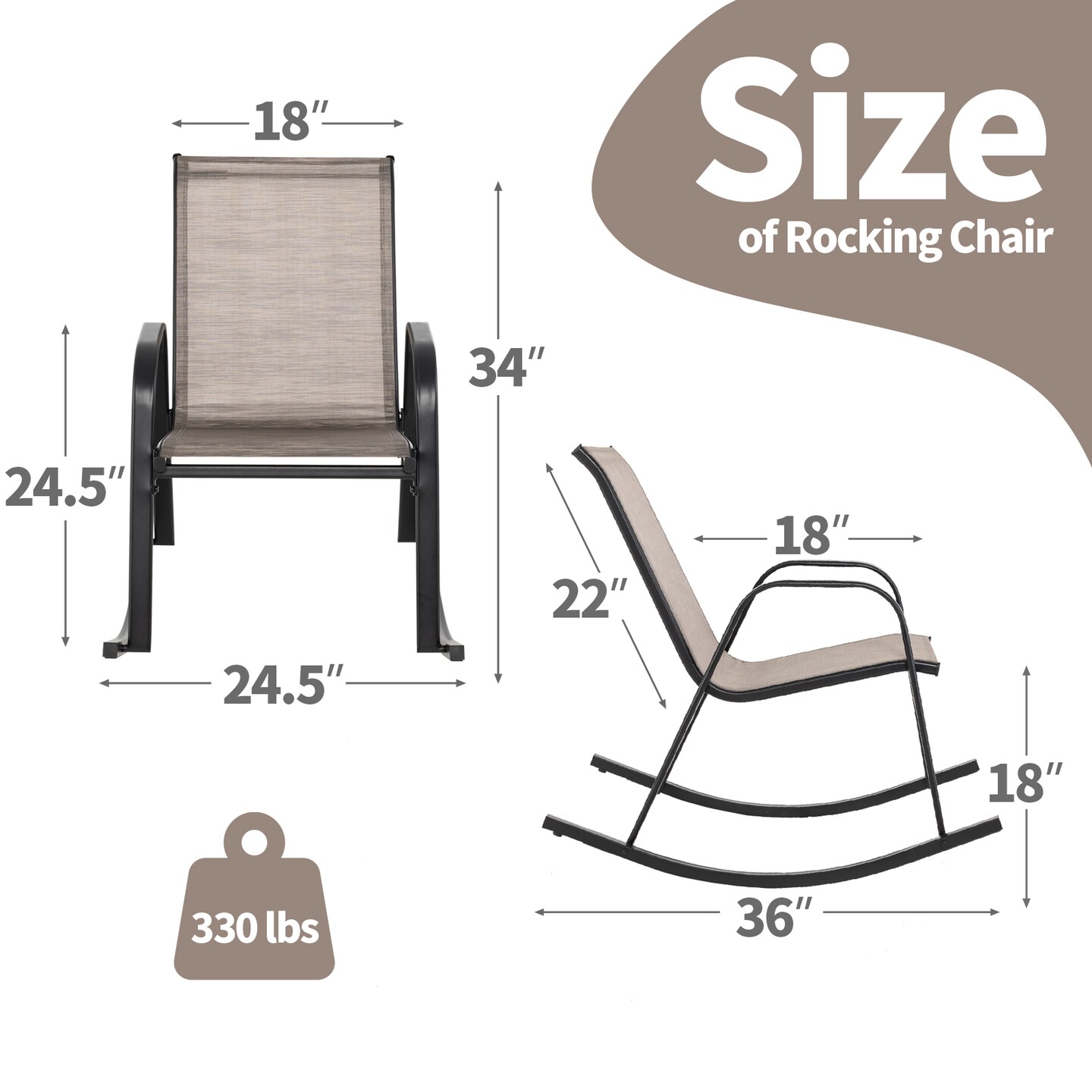 Brown, Black Rocking Chairs 2-Pack Outdoor Metal Frame Fabric Seat 330lbs