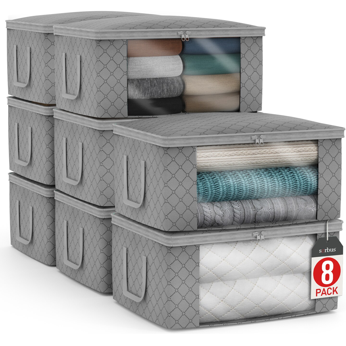 Sorbus Medium Clothes Storage Bags - Foldable Blanket Storage Bins for Organizing Bedroom, Closet, Clothing, Comforter, Organization with Clear Window, Lids and Carry Handles - Set of 8