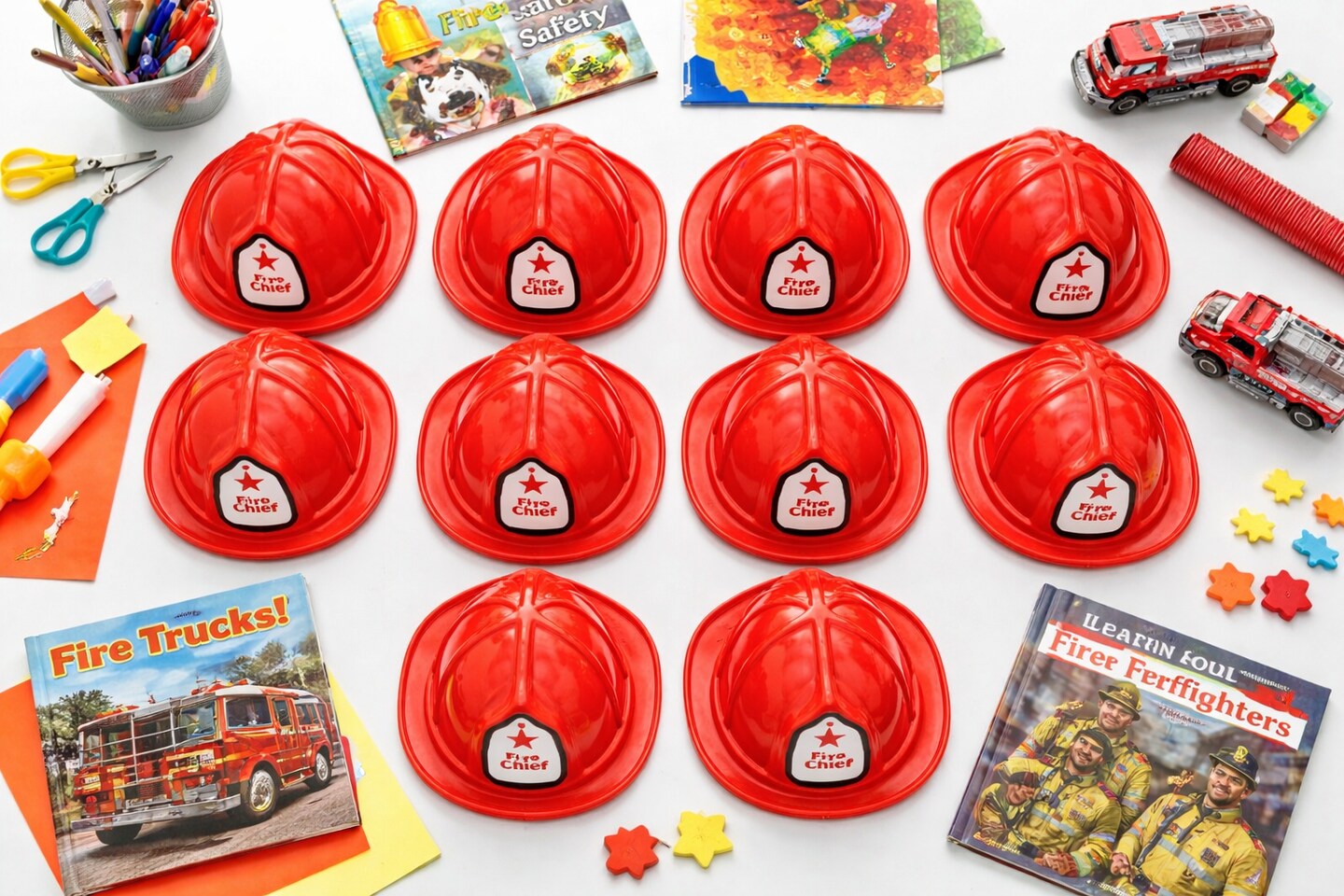 Child Size Firefighter Hats, Pretend Play Costume Helmets, Red Plastic Fire Chief Hats, 12 Pack