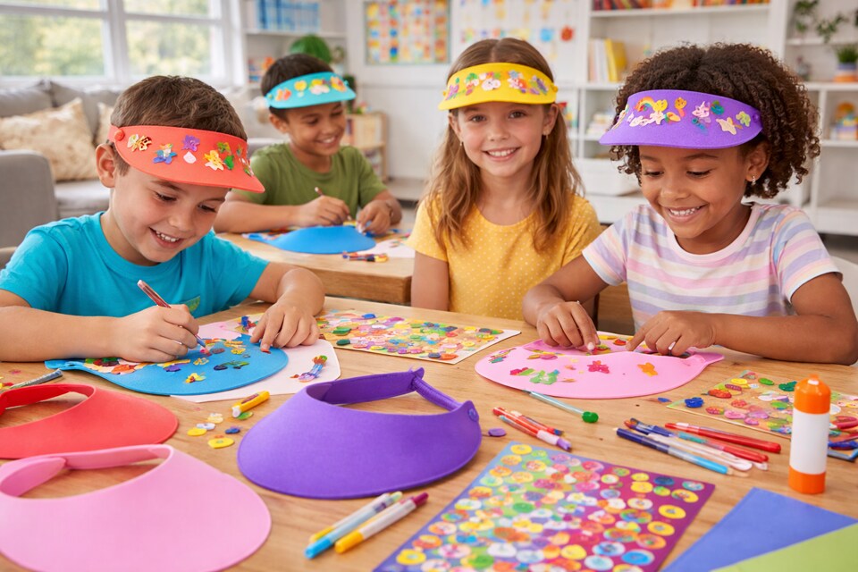 Foam Sun Visors with Coil Band – Assorted Colors, DIY Craft Hats, 12 Pack