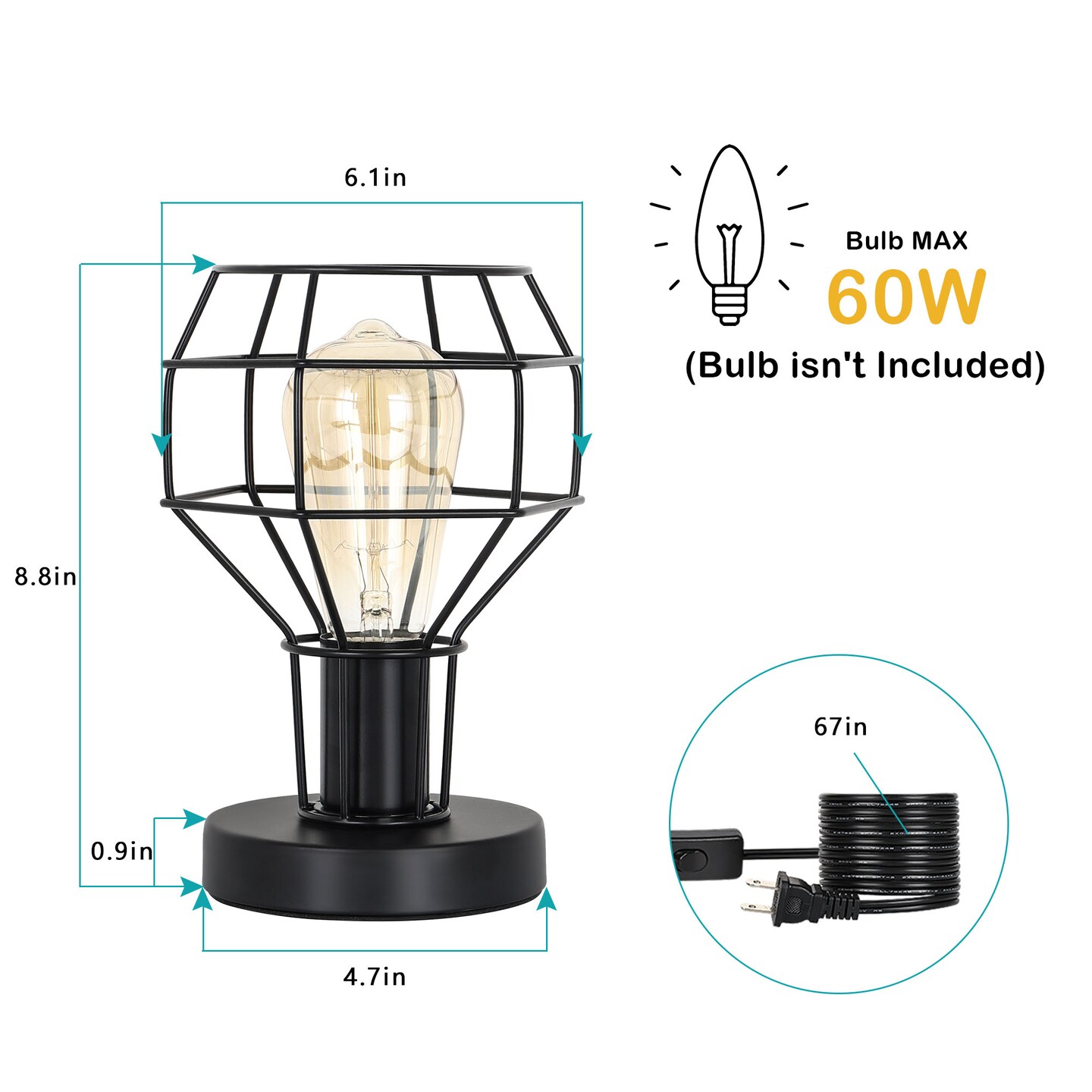 Industrial Vintage Table Lamp Metal Cage Shade Bedside Lamp for Bedroom, Living Room, or Office E26 Bulb Compatible, 59&#x201D; Cord with Switch