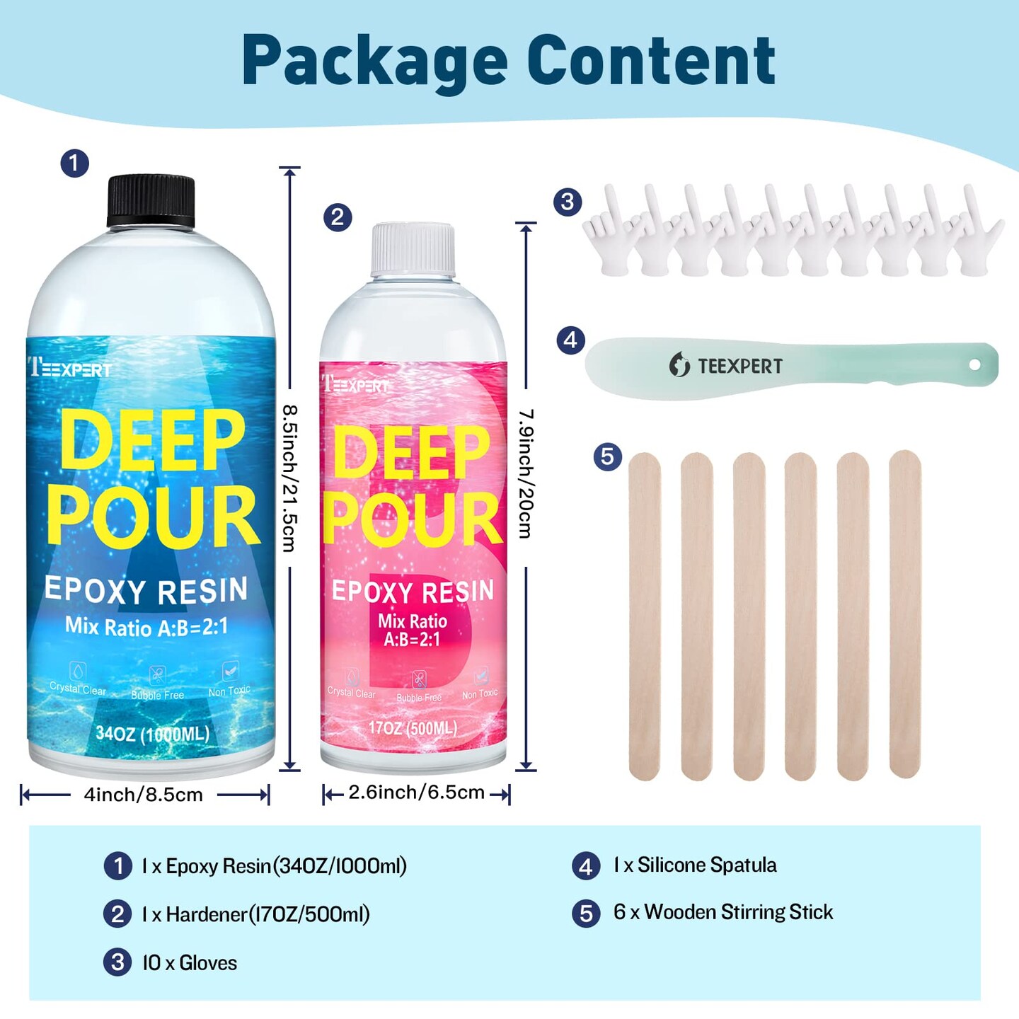 Teexpert Deep Pour Epoxy Resin, 51oz Epoxy Resin Kit for 2-4&#x22; Pour Depths, Crystal Clear &#x26; High Gloss, Bubble-Free Casting Resin for Flower Preservation, River Tables and Mold Crafts - 2:1 Mix Ratio