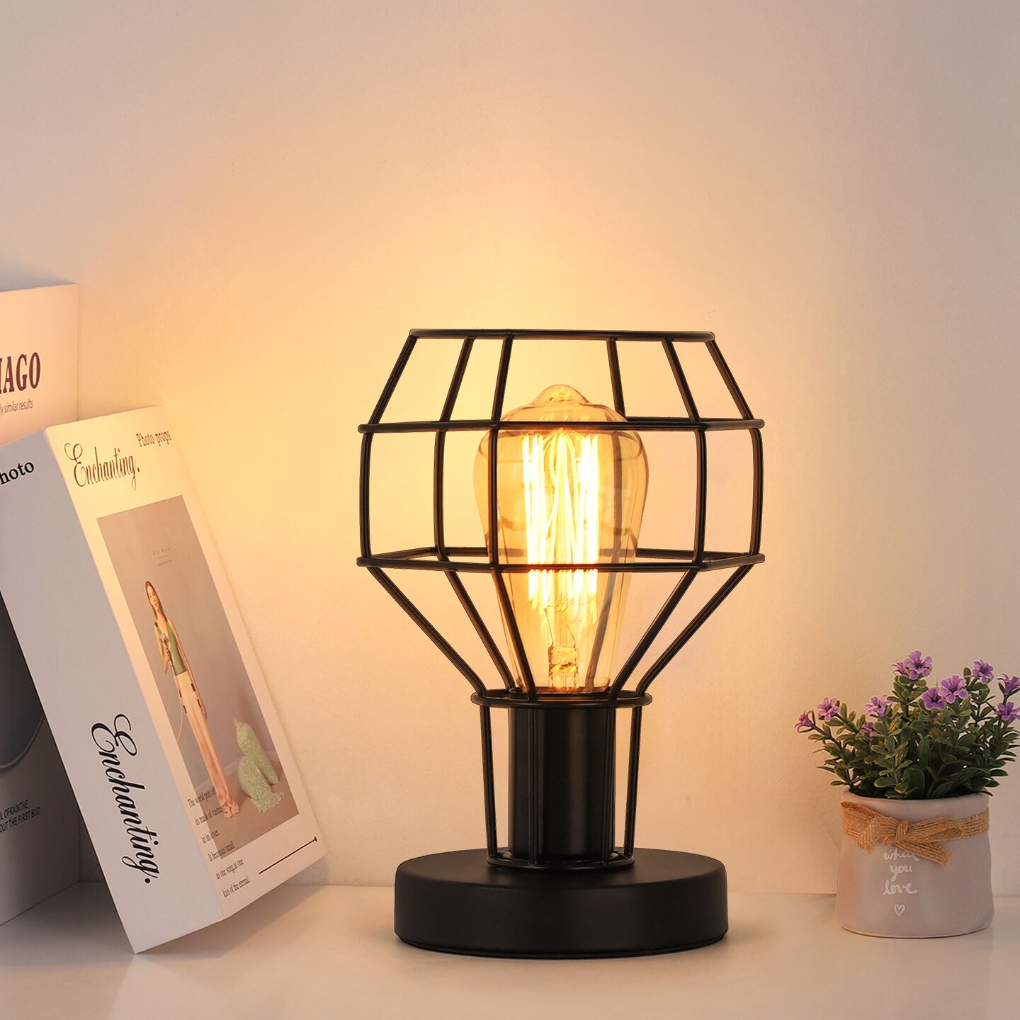 Industrial Vintage Table Lamp Metal Cage Shade Bedside Lamp for Bedroom, Living Room, or Office E26 Bulb Compatible, 59&#x201D; Cord with Switch