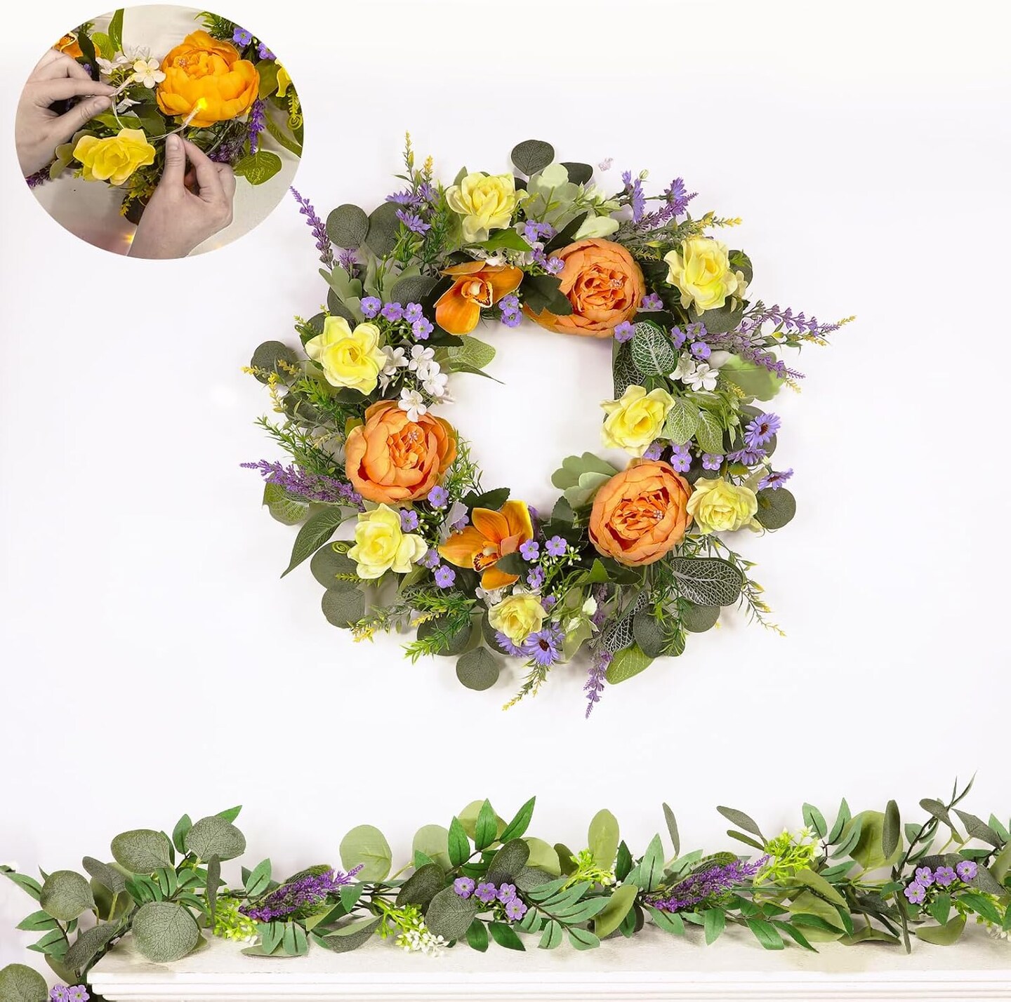 Spring Wreaths for Front Door, Handmade Floral Wreath with Lavender